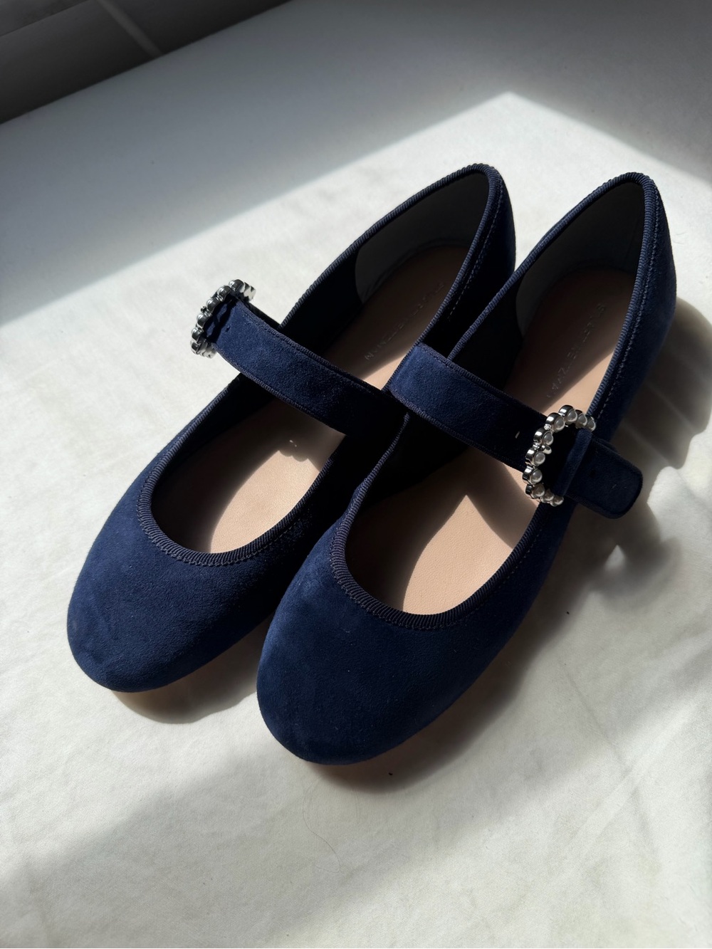 Stuart Weitzman Navy Suede Mary Jane Flats with Jewel Buckle